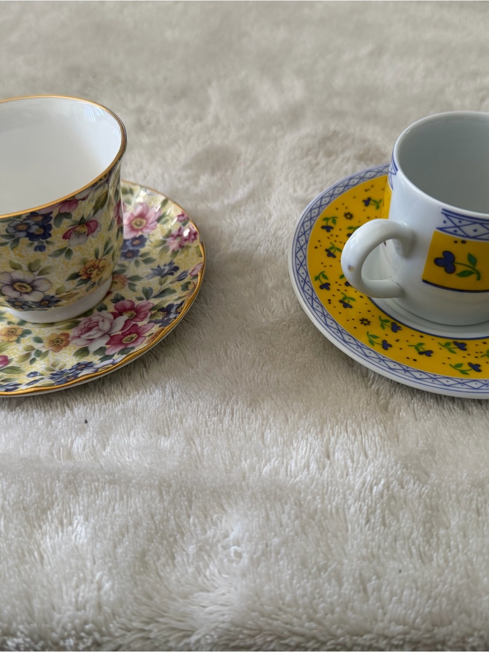 Floral Gold-Trim Teacup & Yellow Pattern Espresso Cup Set